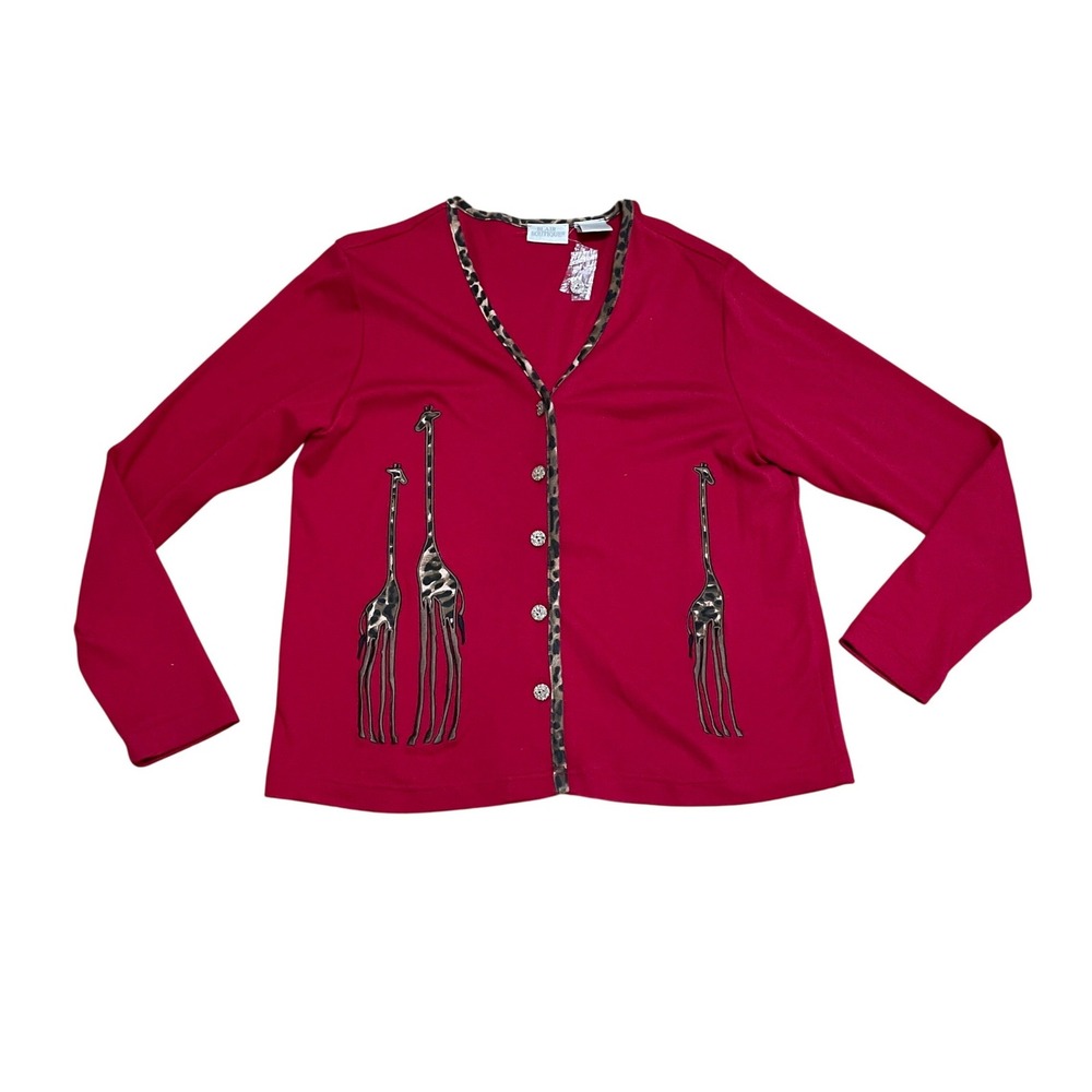 Blair Womens Medium Unique Red Giraffe Graphic Safari Cardigan Leopard Trim NWOT